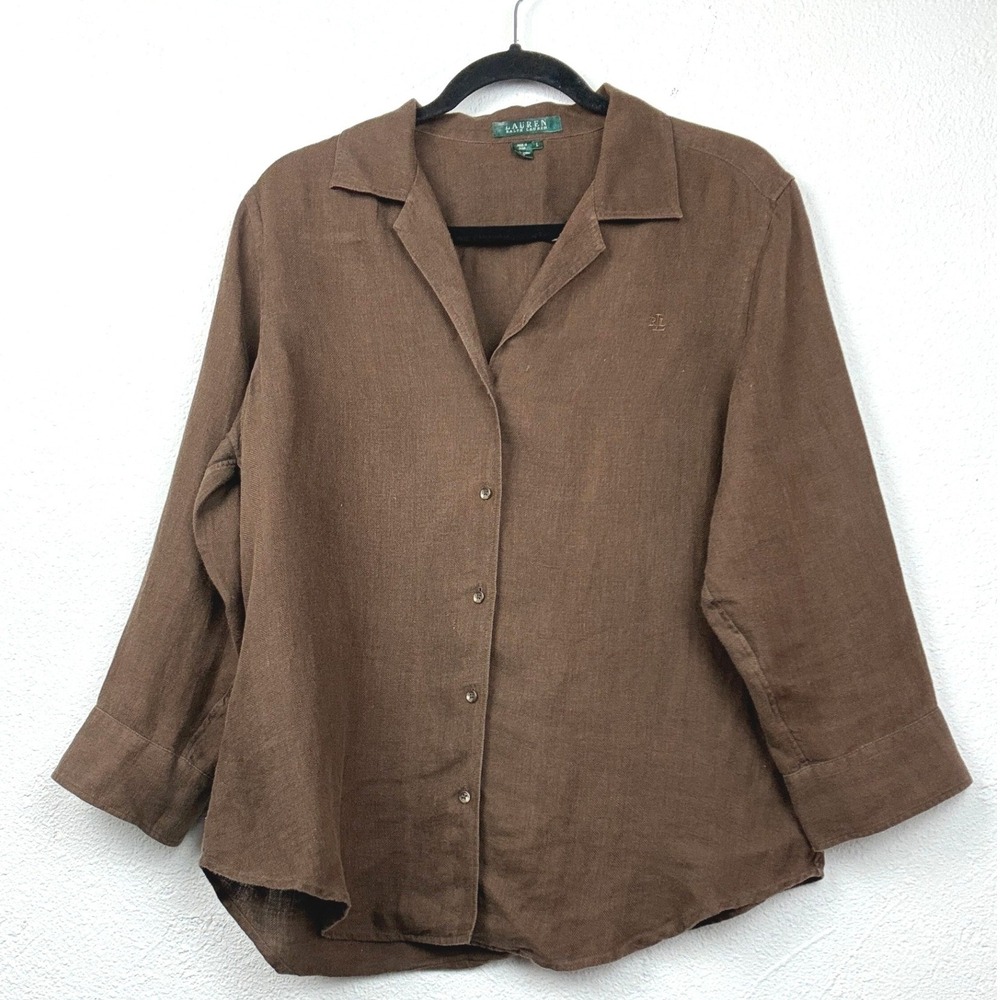 Lauren Ralph Lauren Brown Linen Button Down - L - Long Sleeve Coastal Minimalist